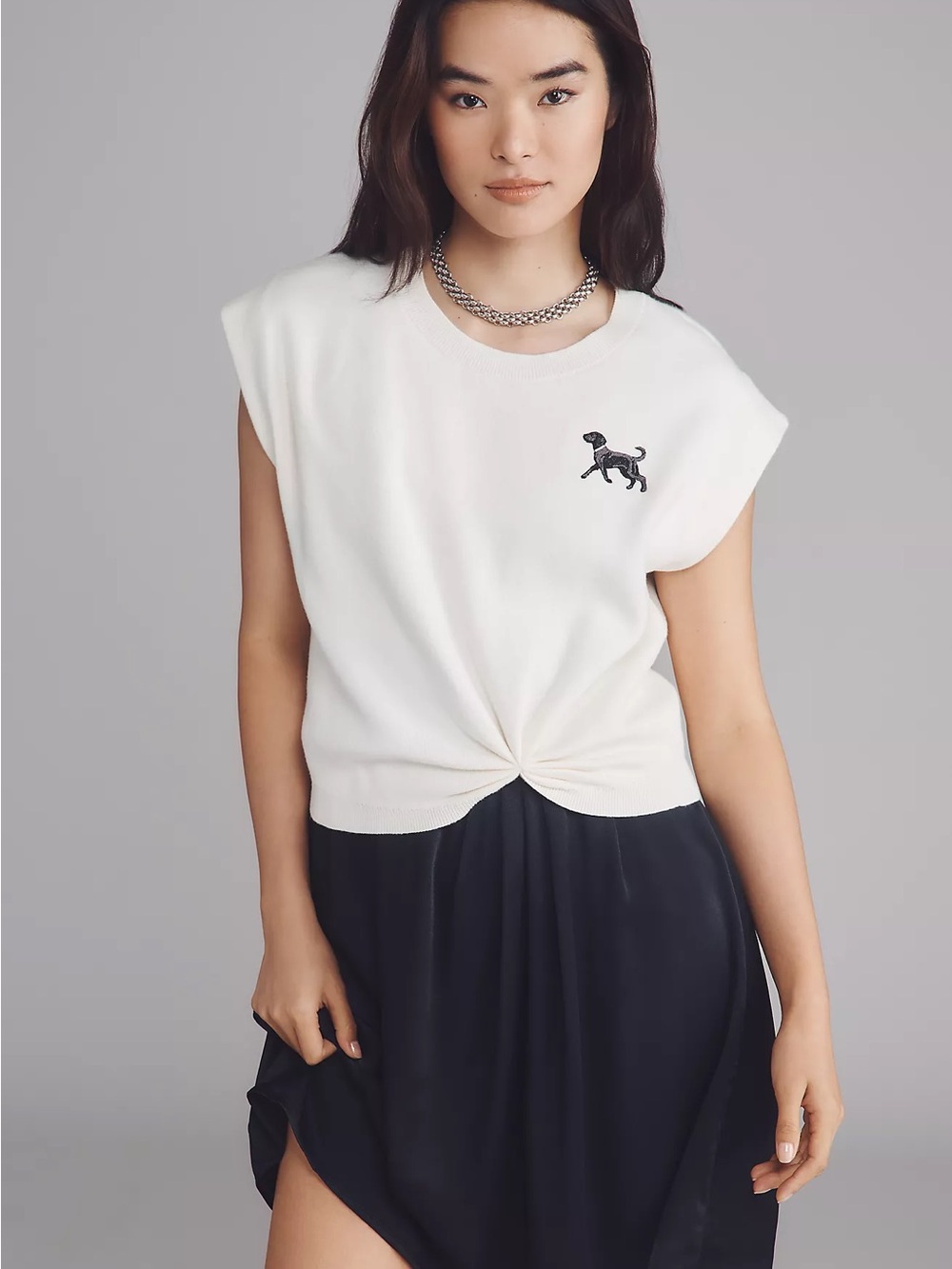Anthropologie White Sleeveless Knit Midi Dress with Black Dog Embroidery
